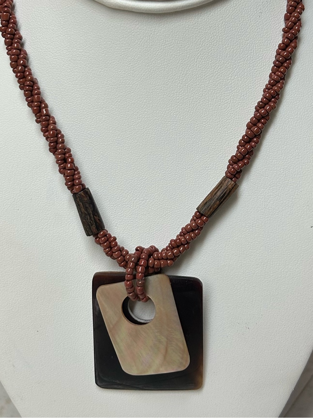 Vintage Boho Multi-Strand Seed Bead & Polished Horn Pendant Necklace